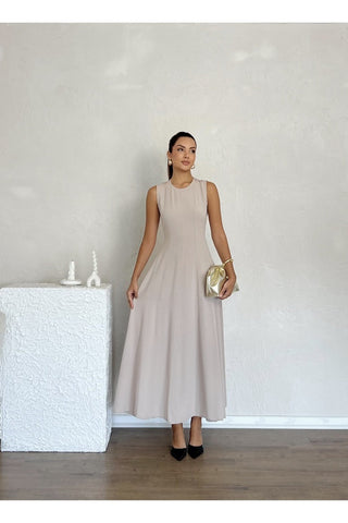 Biyeli Uzun Belden Aşağı Çan İnen Kolsuz Şık Günlük Kadın Elbise