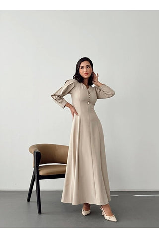 V Yaka Önü Düğme Detaylı Belden Oturan Uzun Boy Günlük Özel Gün Kadın Elbise