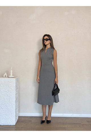 Sıfır Kol Çizgili Belden Oturan Kadın Günlük Office Özel Gün Midi Elbise