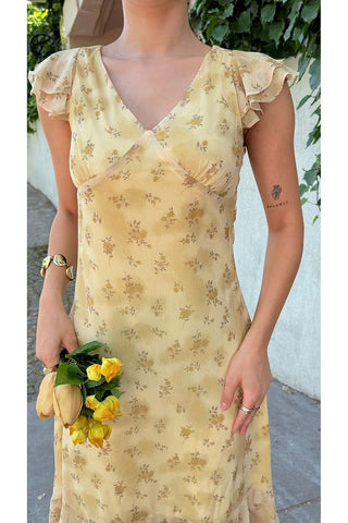 Desenli Eteği Fırfırlı Midi Boy Kadın Elbise