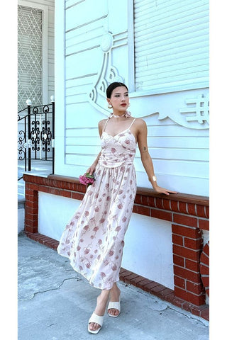 Desenli Boyundan Gül Bağlama Detaylı Askılı Kadın Özel Gün Günlük Elbise