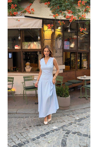 V Yaka Kolsuz Belden Oturan Atlas Maxi Kadın Günlük Özel Gün Elbise