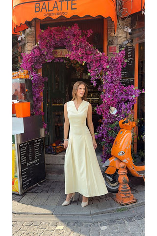 V Yaka Kolsuz Belden Oturan Atlas Maxi Kadın Günlük Özel Gün Elbise