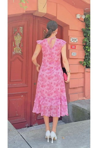 Desenli Eteği Fırfırlı Midi Boy Kadın Elbise