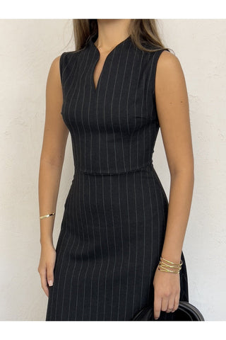 Sıfır Kol Çizgili Belden Oturan Kadın Günlük Office Özel Gün Midi Elbise