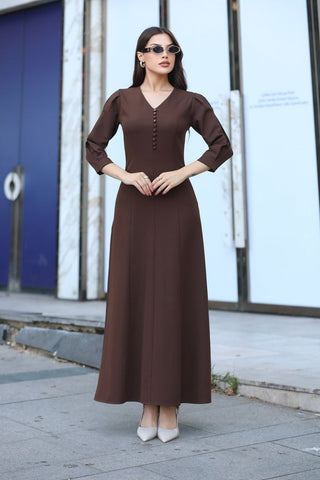 V Yaka Önü Düğme Detaylı Belden Oturan Uzun Boy Günlük Özel Gün Kadın Elbise