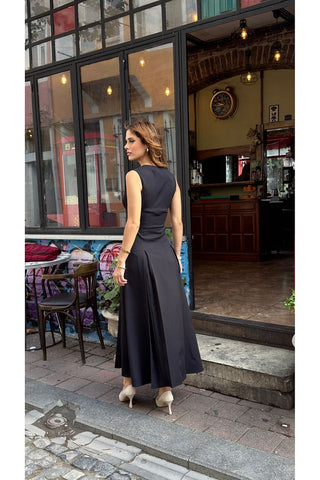 V Yaka Kolsuz Belden Oturan Atlas Maxi Kadın Günlük Özel Gün Elbise