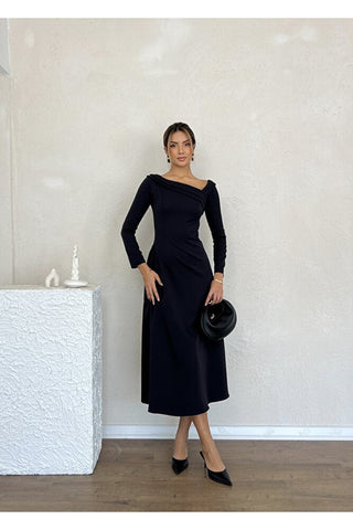 Kayık Yaka Omuz Detaylı Uzun Özel Gün Günlük Kadın Elbise