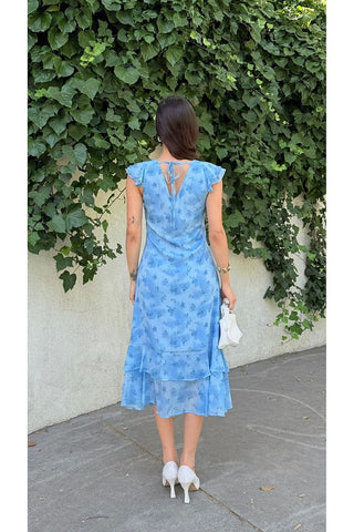 Desenli Eteği Fırfırlı Midi Boy Kadın Elbise