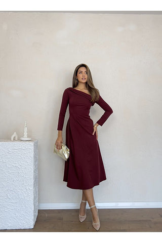 Kayık Yaka Omuz Detaylı Uzun Özel Gün Günlük Kadın Elbise