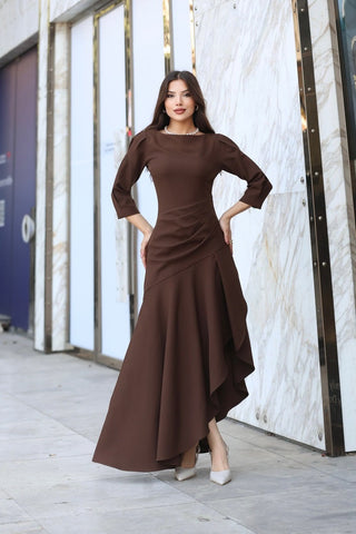 Eteği Yırtmaçlı Fırfırlı Uzun Boy Özel Gün Düğün Nişan Mezuniyet Kadın Elbise