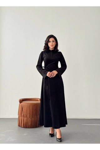 Kadife Yandan Bağlamalı Yarım Pat Düğmeli Özel Gün Günlük Uzun Boy Kadın Elbise