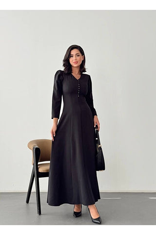 V Yaka Önü Düğme Detaylı Belden Oturan Uzun Boy Günlük Özel Gün Kadın Elbise