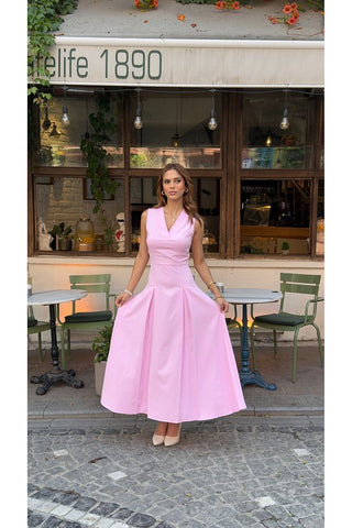 V Yaka Kolsuz Belden Oturan Atlas Maxi Kadın Günlük Özel Gün Elbise