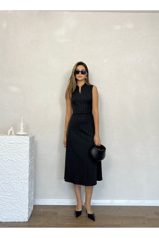 Sıfır Kol Çizgili Belden Oturan Kadın Günlük Office Özel Gün Midi Elbise