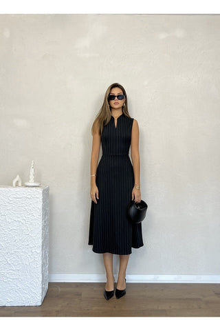 Sıfır Kol Çizgili Belden Oturan Kadın Günlük Office Özel Gün Midi Elbise