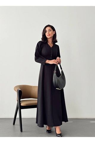V Yaka Önü Düğme Detaylı Belden Oturan Uzun Boy Günlük Özel Gün Kadın Elbise