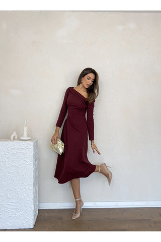 Kayık Yaka Omuz Detaylı Uzun Özel Gün Günlük Kadın Elbise