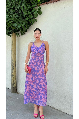 Desenli Askılı Uzun Boy Renkli Kadın Elbise