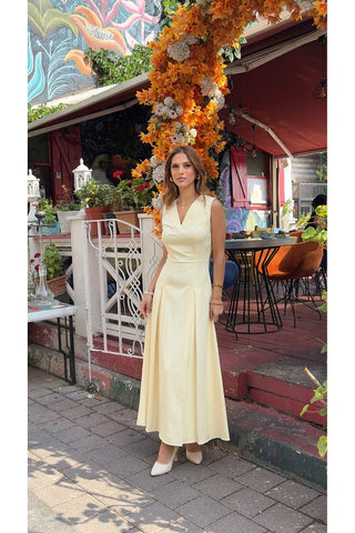 V Yaka Kolsuz Belden Oturan Atlas Maxi Kadın Günlük Özel Gün Elbise