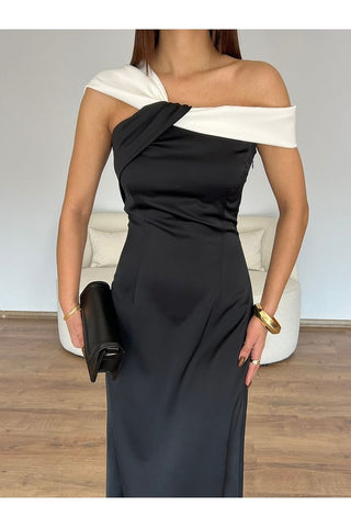 Düşük Omuzlu Saten Midi Elbise