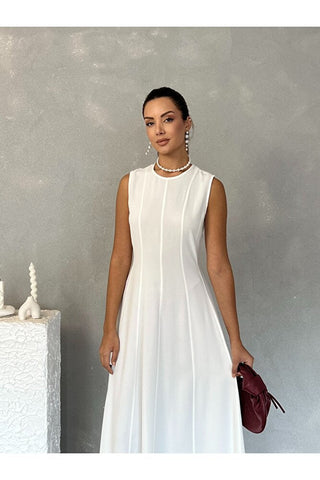 Biyeli Uzun Belden Aşağı Çan İnen Kolsuz Şık Günlük Kadın Elbise