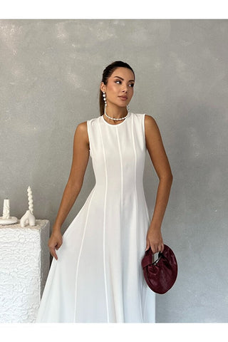 Biyeli Uzun Belden Aşağı Çan İnen Kolsuz Şık Günlük Kadın Elbise