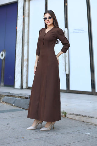 V Yaka Önü Düğme Detaylı Belden Oturan Uzun Boy Günlük Özel Gün Kadın Elbise