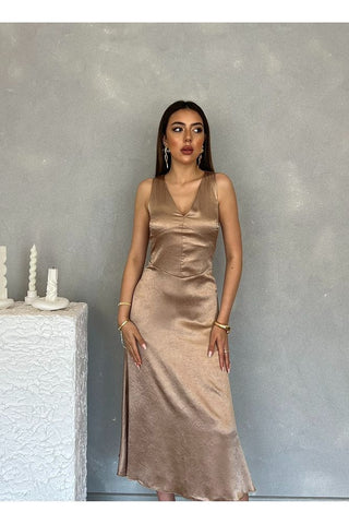 Kıraçlı Saten Midi Özel Gün Mezuniyet Nişan Abiye Kadın Elbise