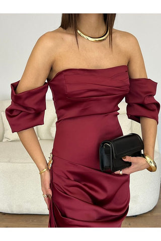 Gold Toka Detaylı Asimetrik Saten Elbise