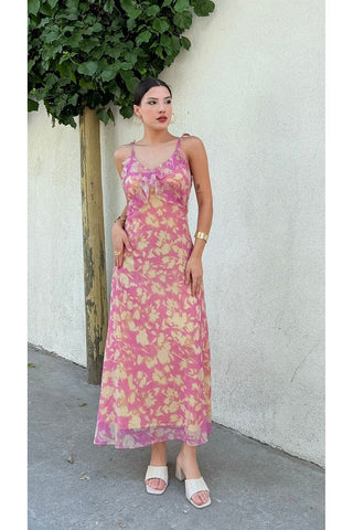 Desenli Askılı Uzun Boy Renkli Kadın Elbise
