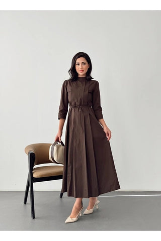 Kadın Pile Detaylı Uzun Boy Kuşaklı Özel Gün Günlük Elbise