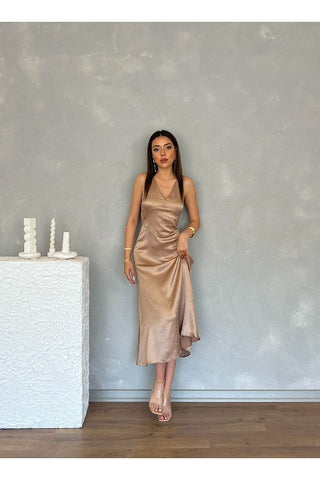 Kıraçlı Saten Midi Özel Gün Mezuniyet Nişan Abiye Kadın Elbise