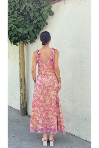 Desenli Askılı Uzun Boy Renkli Kadın Elbise