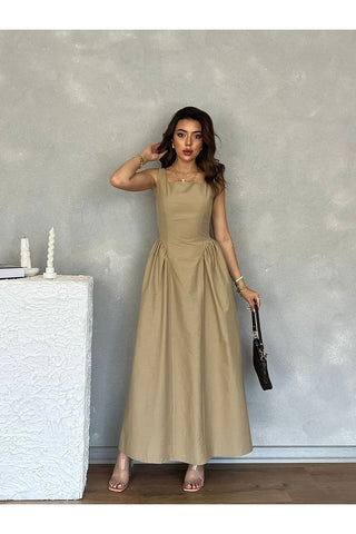 Kare Yaka Kalın Askılı Uzun Boy Yandan Büzgü Detaylı Airobin Günlük Elbise