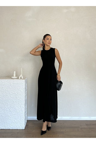 Biyeli Uzun Belden Aşağı Çan İnen Kolsuz Şık Günlük Kadın Elbise