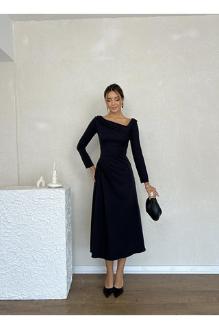 Kayık Yaka Omuz Detaylı Uzun Özel Gün Günlük Kadın Elbise