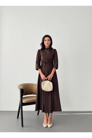 Kadın Pile Detaylı Uzun Boy Kuşaklı Özel Gün Günlük Elbise