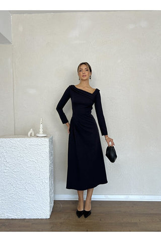 Kayık Yaka Omuz Detaylı Uzun Özel Gün Günlük Kadın Elbise