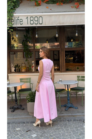 V Yaka Kolsuz Belden Oturan Atlas Maxi Kadın Günlük Özel Gün Elbise