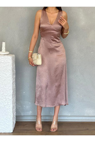 Kıraçlı Saten Midi Özel Gün Mezuniyet Nişan Abiye Kadın Elbise