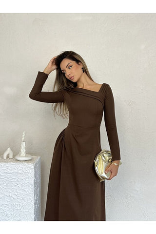 Kayık Yaka Omuz Detaylı Uzun Özel Gün Günlük Kadın Elbise