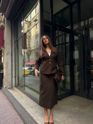 BALON KOLLU CEKET VE YIRTMAÇLI ETEK-Kahverengi