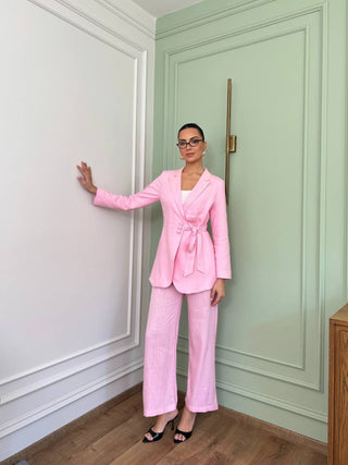 Bel Detaylı Ceket Pantolon Takım - Pembe