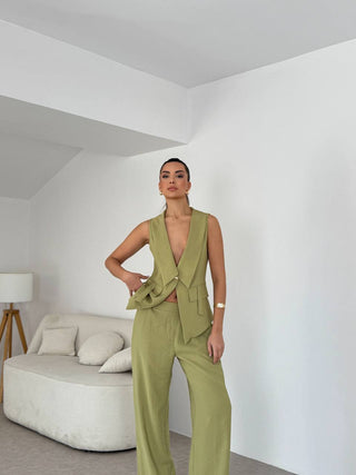 Apoletli Kadın Yelek Pantolon Takım - Olive