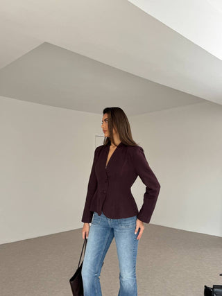 Çift Düğmeli Kadın Denim Ceket - Mürdüm