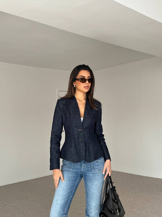 Çift Düğmeli Kadın Denim Ceket - Lacivert