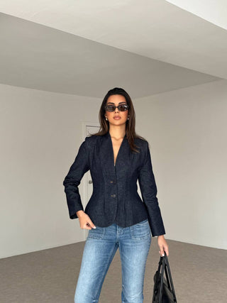 Çift Düğmeli Kadın Denim Ceket - Lacivert