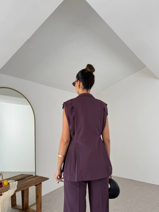 Pile Detaylı Yandan Bağlamalı Yelek Pantolon Takım - Mürdüm