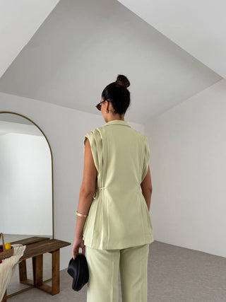 Pile Detaylı Yandan Bağlamalı Yelek Pantolon Takım - Olive